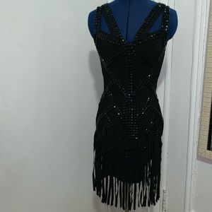 Black Midi Sequins Fringe Flapper Dress (S)